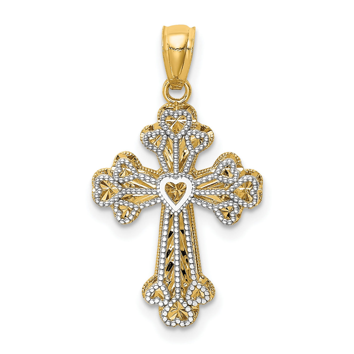 Reversible Filigree Budded Cross With Heart Charm Pendant in Real 14k Multi-Tone Gold