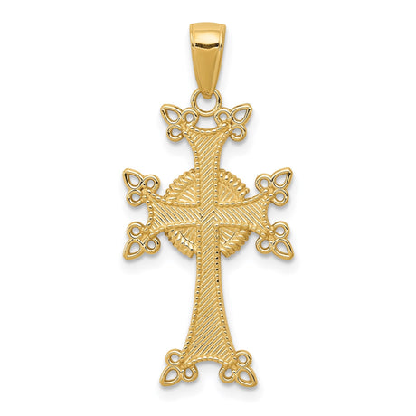 14k Yellow Gold Cross Pendant, Armenian Inspired Design with Textured Woven Detail