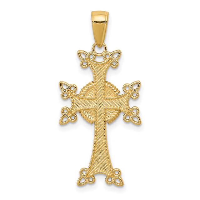 14k Yellow Gold Cross Pendant, Armenian Inspired Design with Textured Woven Detail