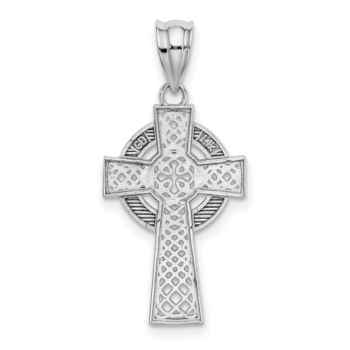 14k White Gold Celtic Cross Pendant with Woven Knot Detail and Oxidized Finish