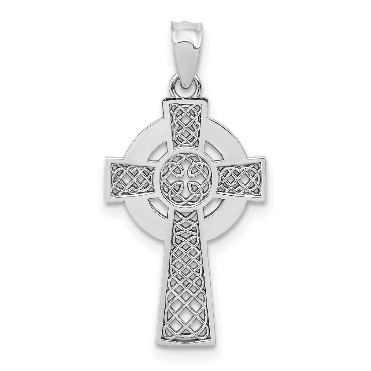 14k White Gold Celtic Cross Pendant with Woven Knot Detail and Oxidized Finish