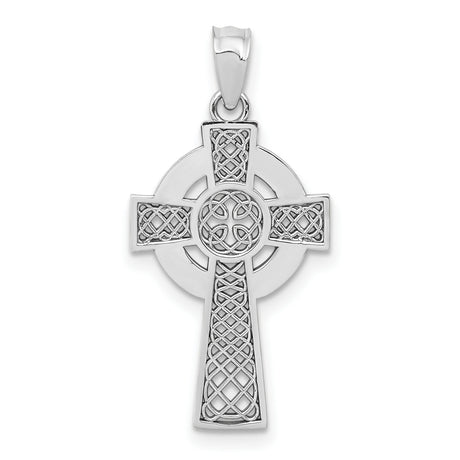 14k White Gold Celtic Cross Pendant with Woven Knot Detail and Oxidized Finish
