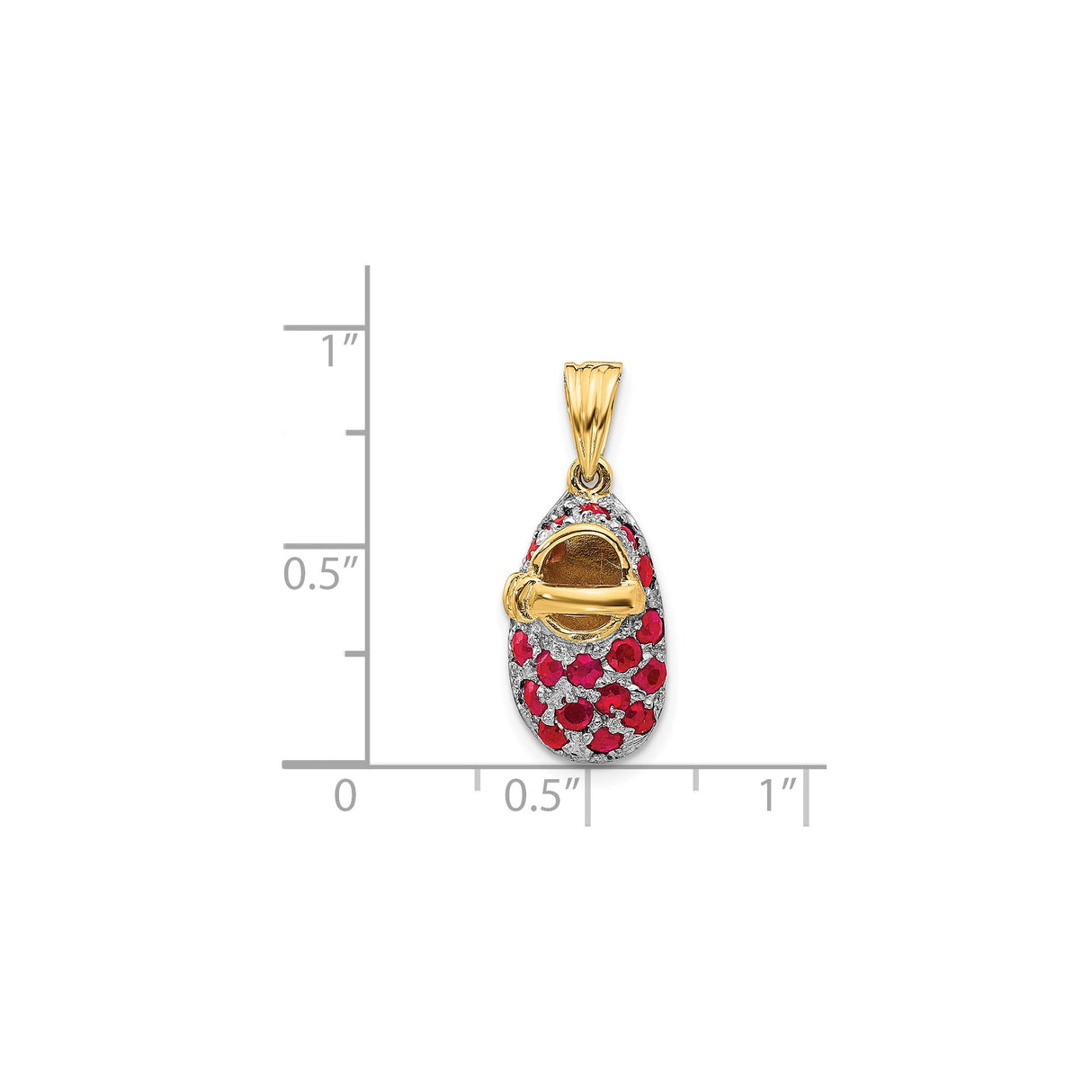 14k Yellow Gold and Rhodium Plated Baby Shoe Pendant with Ruby and White Stones
