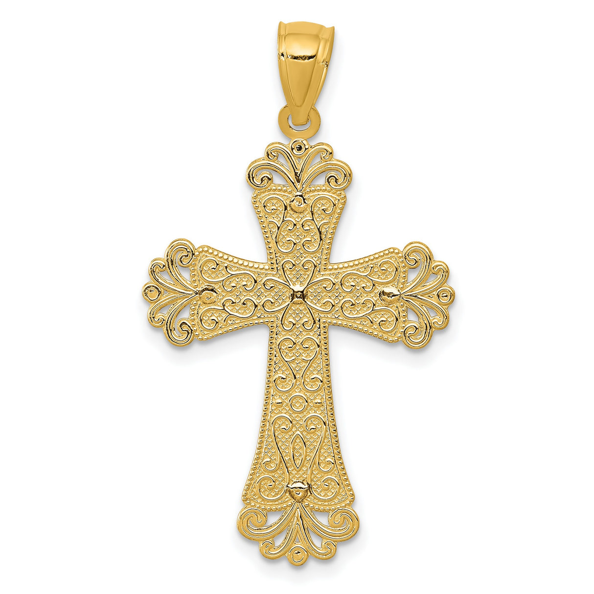 Polished Filigree Budded Cross Charm Pendant in Real 14k Multi-Tone Gold