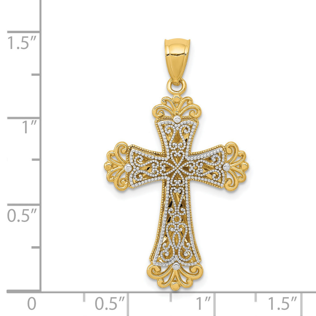 Polished Filigree Budded Cross Charm Pendant in Real 14k Multi-Tone Gold