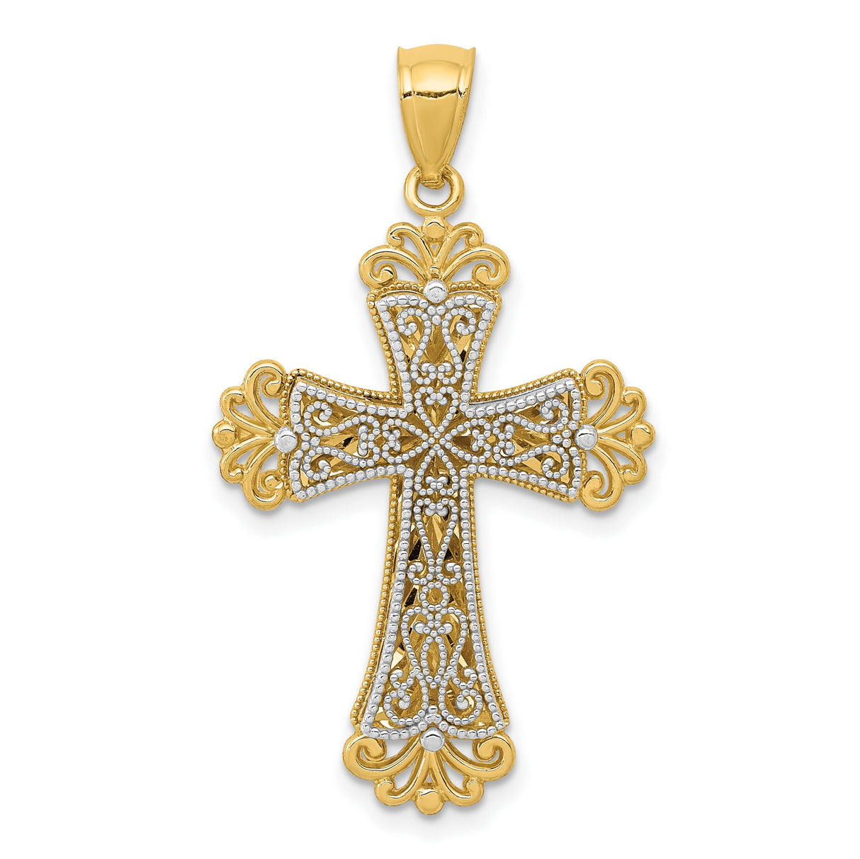 Polished Filigree Budded Cross Charm Pendant in Real 14k Multi-Tone Gold