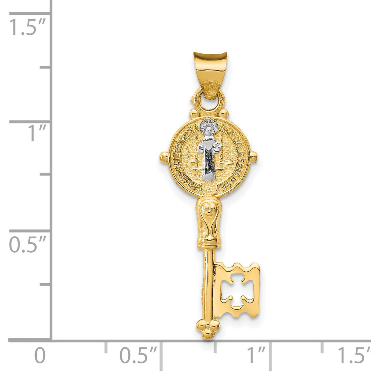 Saint Benedict and Words Key Shaped Cross Charm Pendant in Real 14k Multi-Tone Gold