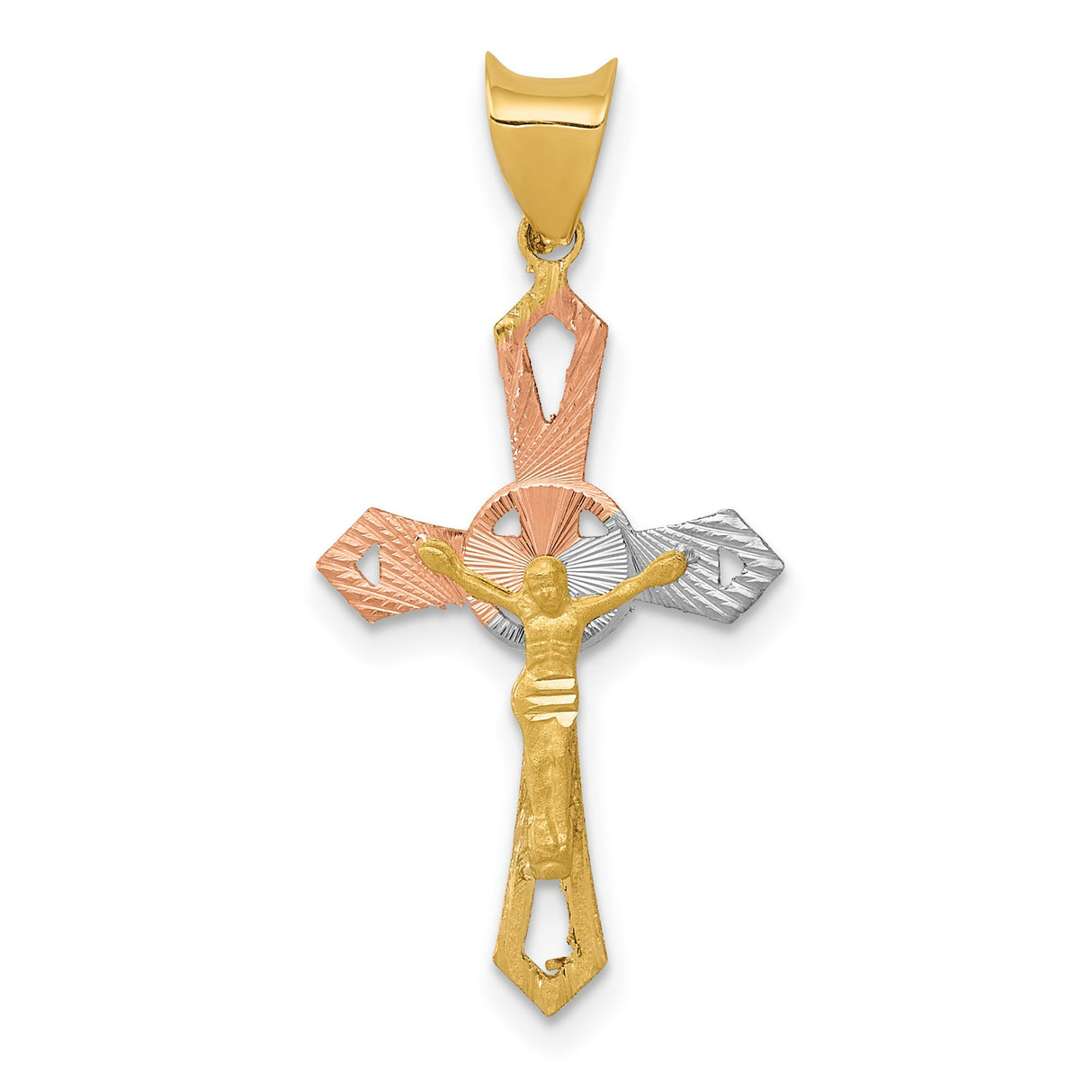 With Rhodium Passion Crucifix Charm Pendant in Real 14k Multi-Tone Gold