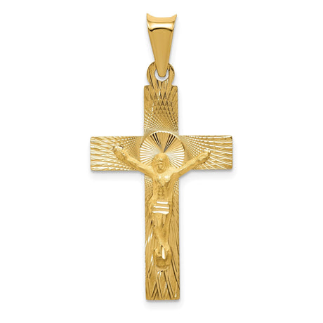 14k Yellow Gold Crucifix Cross Pendant with Satin Finish Featuring Jesus Design