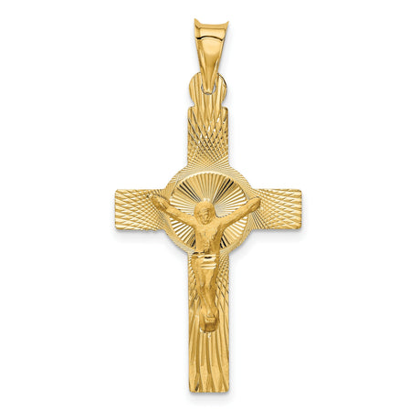 14k Yellow Gold Crucifix Pendant with Christ Figure, High Polish Satin Finish Spiritual Jewelry
