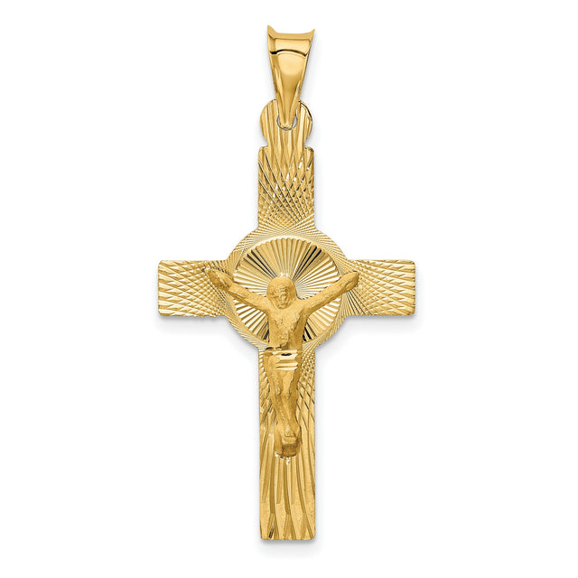 14k Yellow Gold Crucifix Pendant with Christ Figure, High Polish Satin Finish Spiritual Jewelry