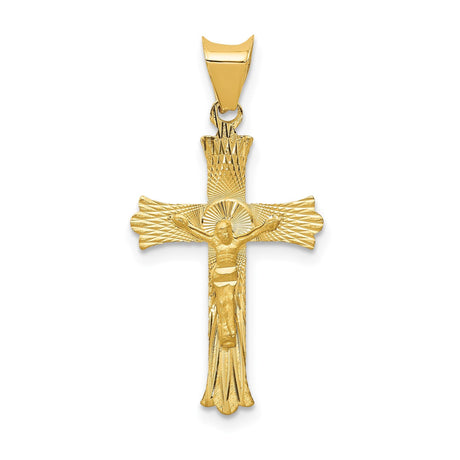 14k Yellow Gold Crucifix Cross Pendant with Fleur De Lis Design and Polished Satin Finish