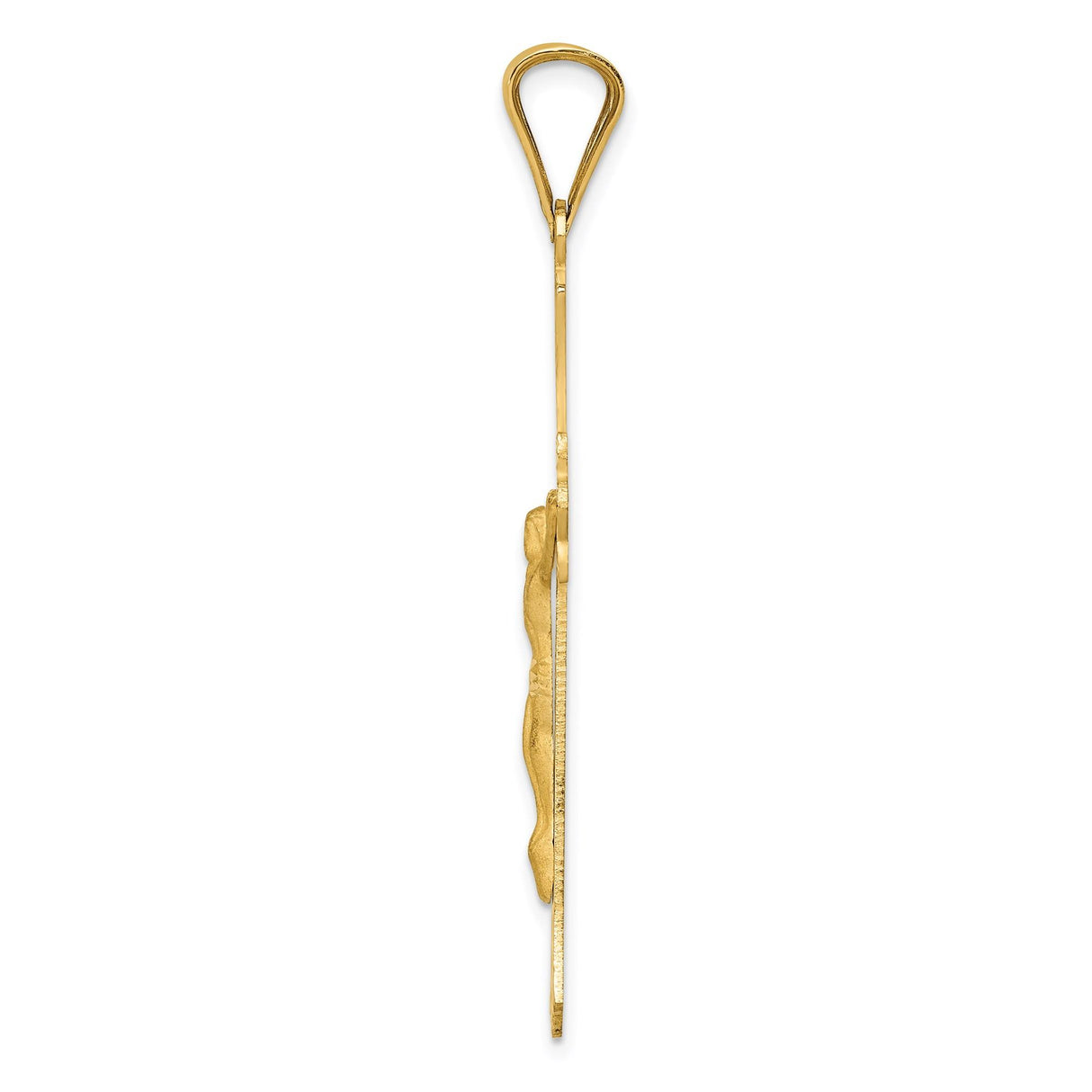 14k Yellow Gold Crucifix Cross Pendant with Satin and Mirror Finish, Jesus Figure, Fleur de Lis Detail