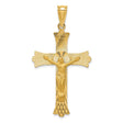 14k Yellow Gold Crucifix Cross Pendant with Satin and Mirror Finish, Jesus Figure, Fleur de Lis Detail