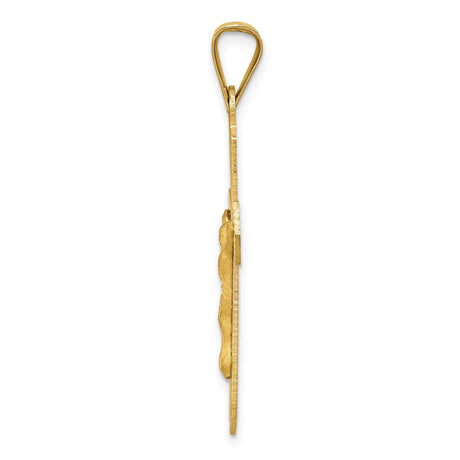14k Yellow Gold Crucifix Pendant with Satin Finish Sunburst Cross and Jesus Figure