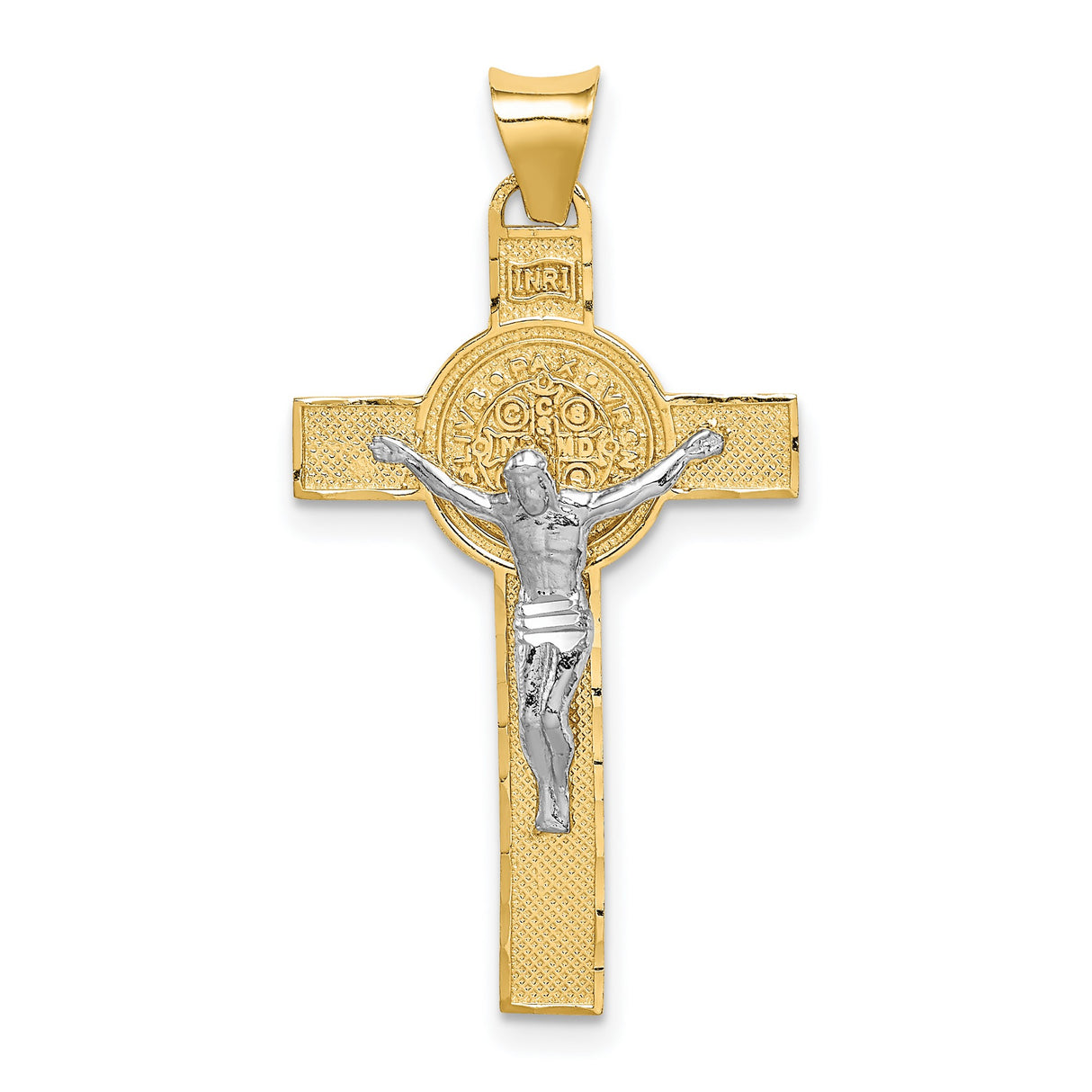 Textured Yellow Gold INRI Saint Benedict Latin Crucifix Charm Pendant in Real 14k Multi-Tone Gold