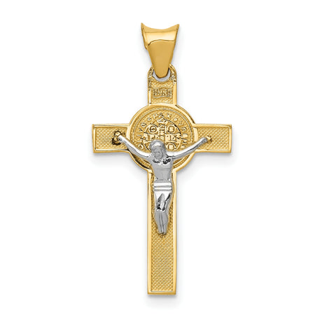 14k Multi-Tone Gold Crucifix Pendant with Saint Benedict Medal and INRI Cross