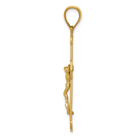 14k Yellow Gold Patonce Crucifix Pendant, Polished Cross with Christ High Relief