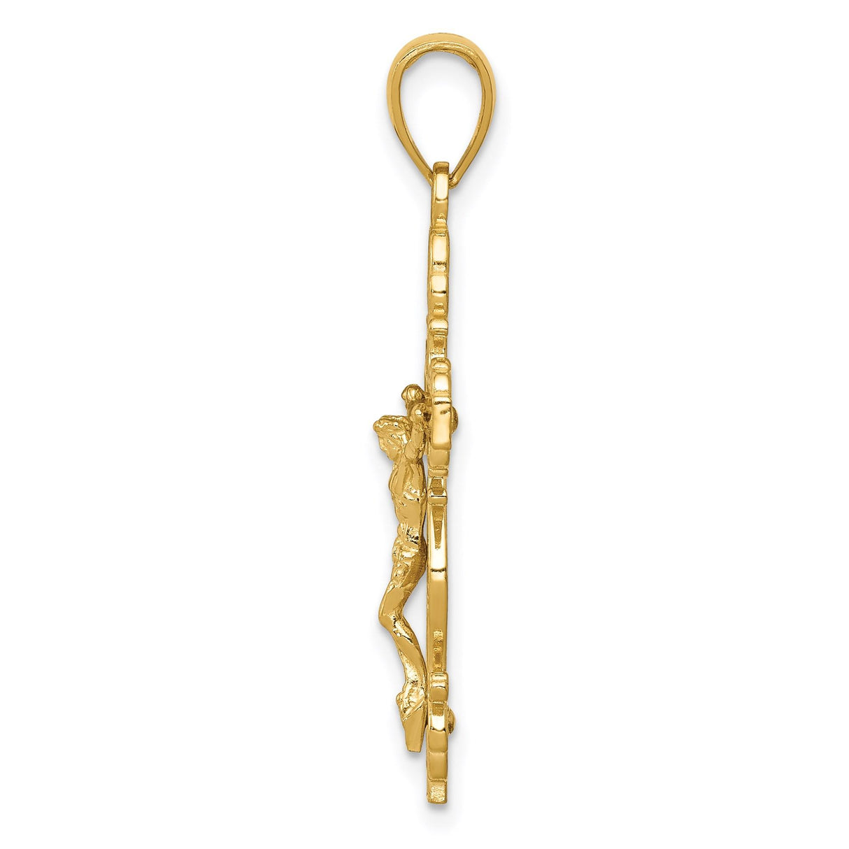 14k Yellow Gold Crucifix Pendant with Christ Figure, Filigree Scroll Cross Design
