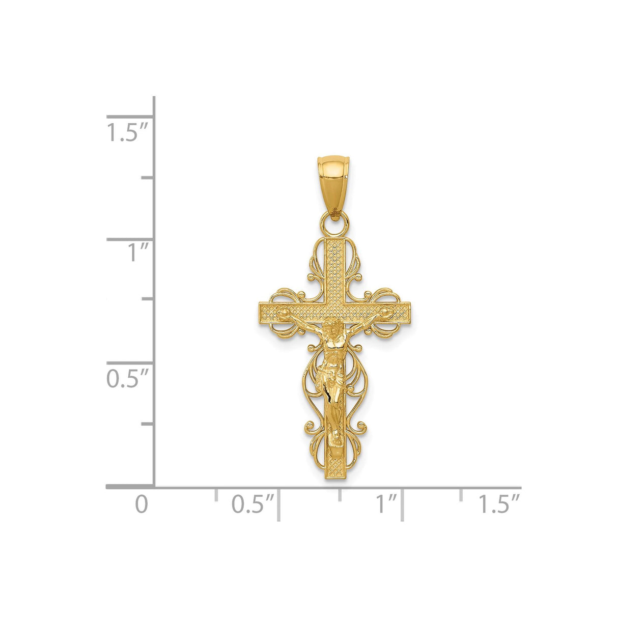 14k Yellow Gold Crucifix Pendant with Christ Figure, Filigree Scroll Cross Design