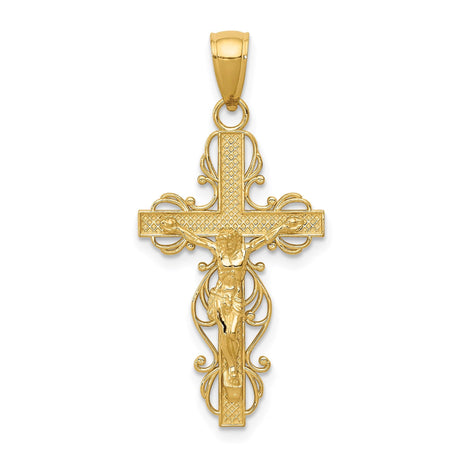 14k Yellow Gold Crucifix Pendant with Christ Figure, Filigree Scroll Cross Design