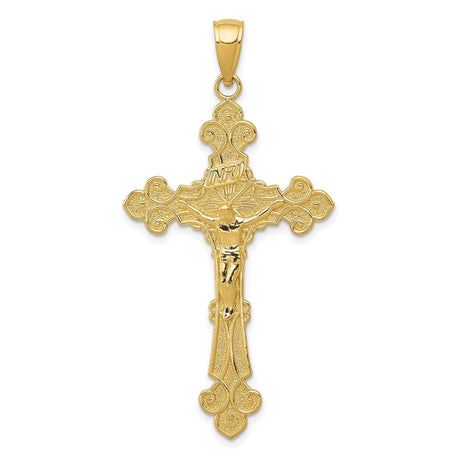 14k Yellow Gold Crucifix Pendant with Sunburst Engraving, INRI Baroque Latin Cross Charm