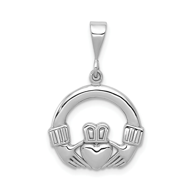 14k White Gold Claddagh Pendant with Heart, Hands, and Crown Emblem, Celtic Symbol of Love and Loyalty