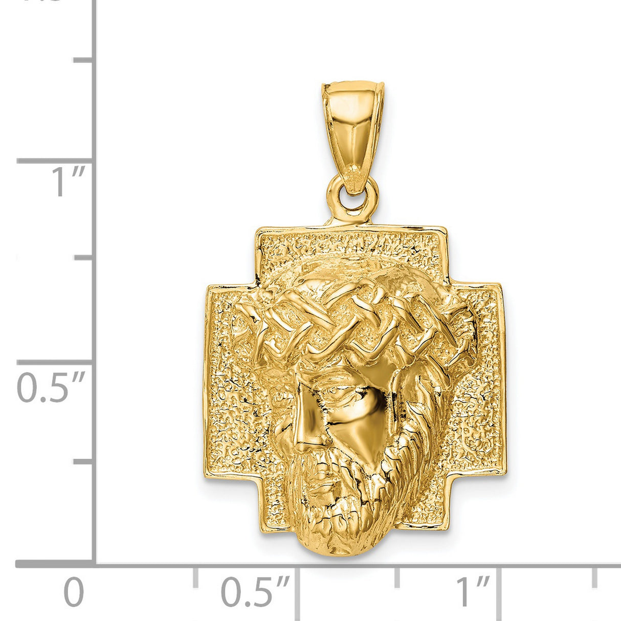 Polished Face Of Jesus Crown of Thorns Cross Charm Pendant in Real 14k Yellow Gold