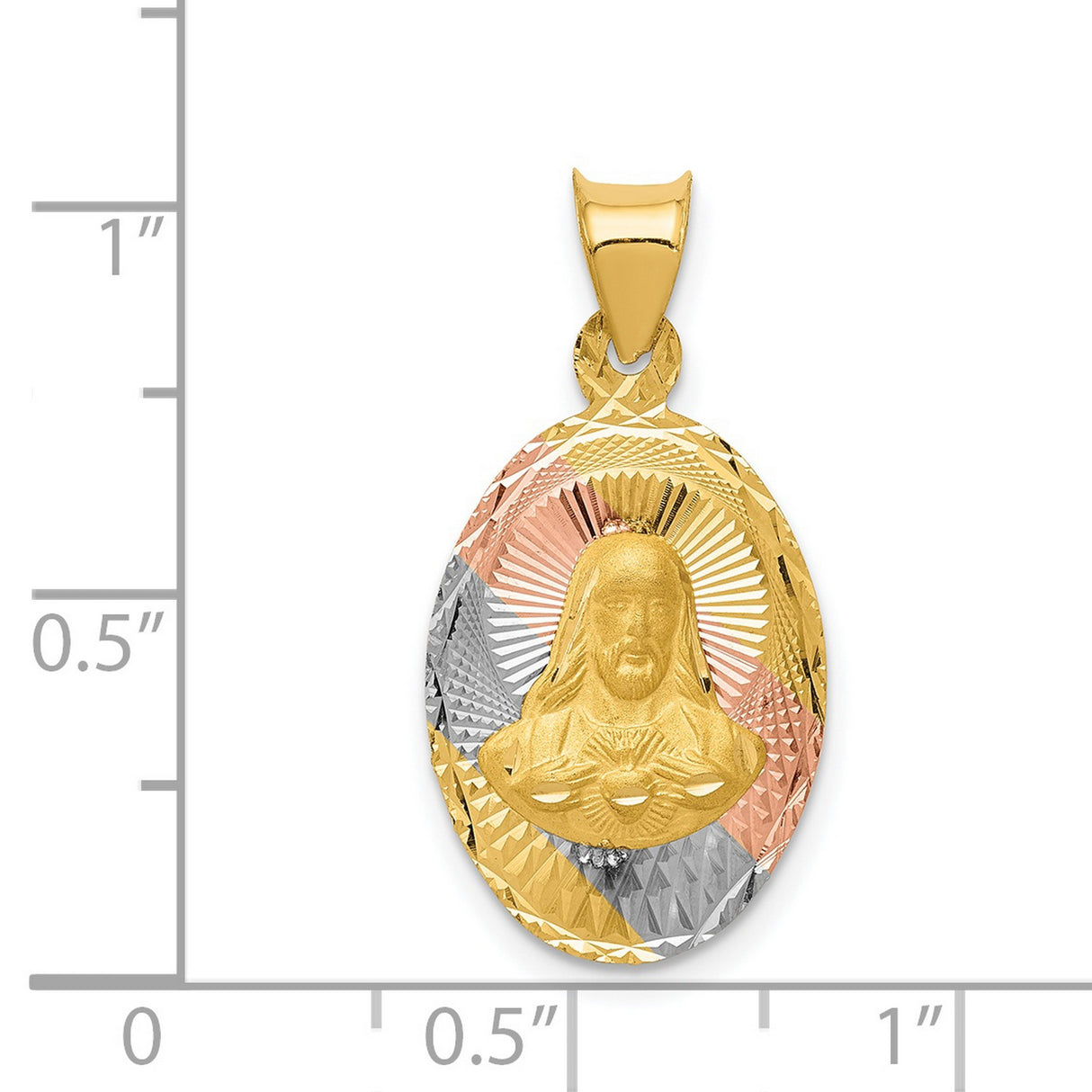 Polished Sagrado Corazon de Jesus Oval Medal Charm Pendant in Real 14k Multi-Tone Gold