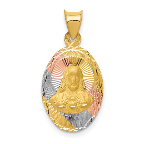 14k Tri-Color Gold Oval Pendant with Sacred Heart of Jesus, Polished and Diamond-Cut Religious Medallion