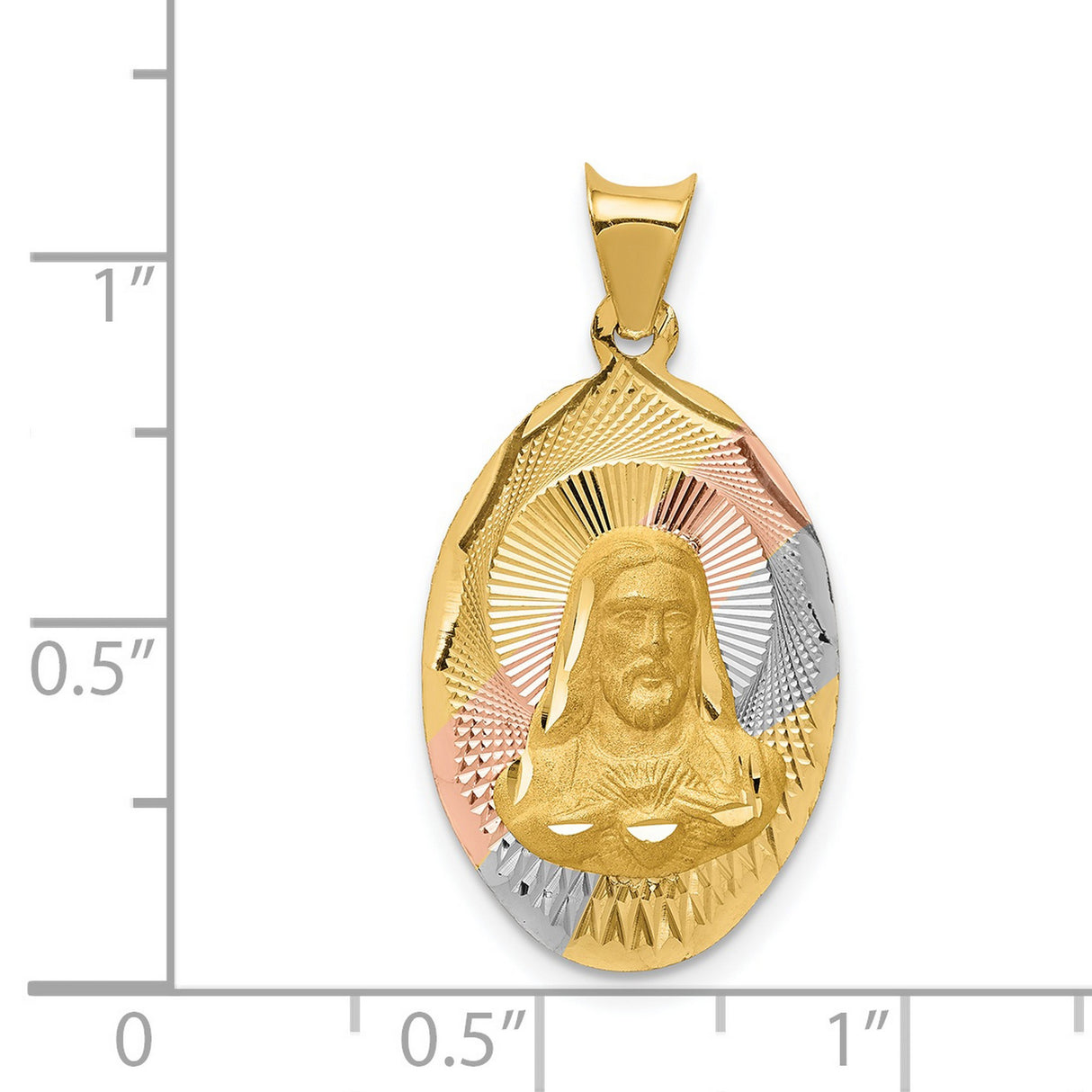 Polished Sagrado Corazon de Jesus Oval Medal Charm Pendant in Real 14k Multi-Tone Gold