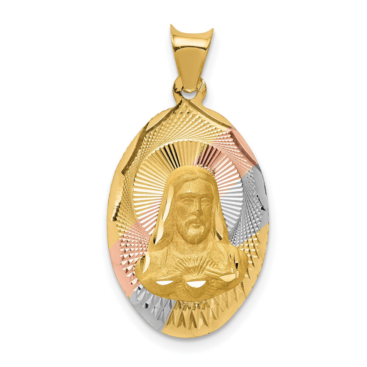 Polished Sagrado Corazon de Jesus Oval Medal Charm Pendant in Real 14k Multi-Tone Gold