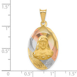 14k Tri-Tone Gold Sacred Heart Oval Pendant with Rhodium Accents, Christian Religious Medal