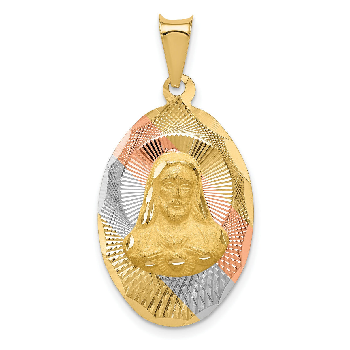 14k Tri-Tone Gold Sacred Heart Oval Pendant with Rhodium Accents, Christian Religious Medal