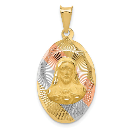 14k Tri-Tone Gold Sacred Heart Oval Pendant with Rhodium Accents, Christian Religious Medal