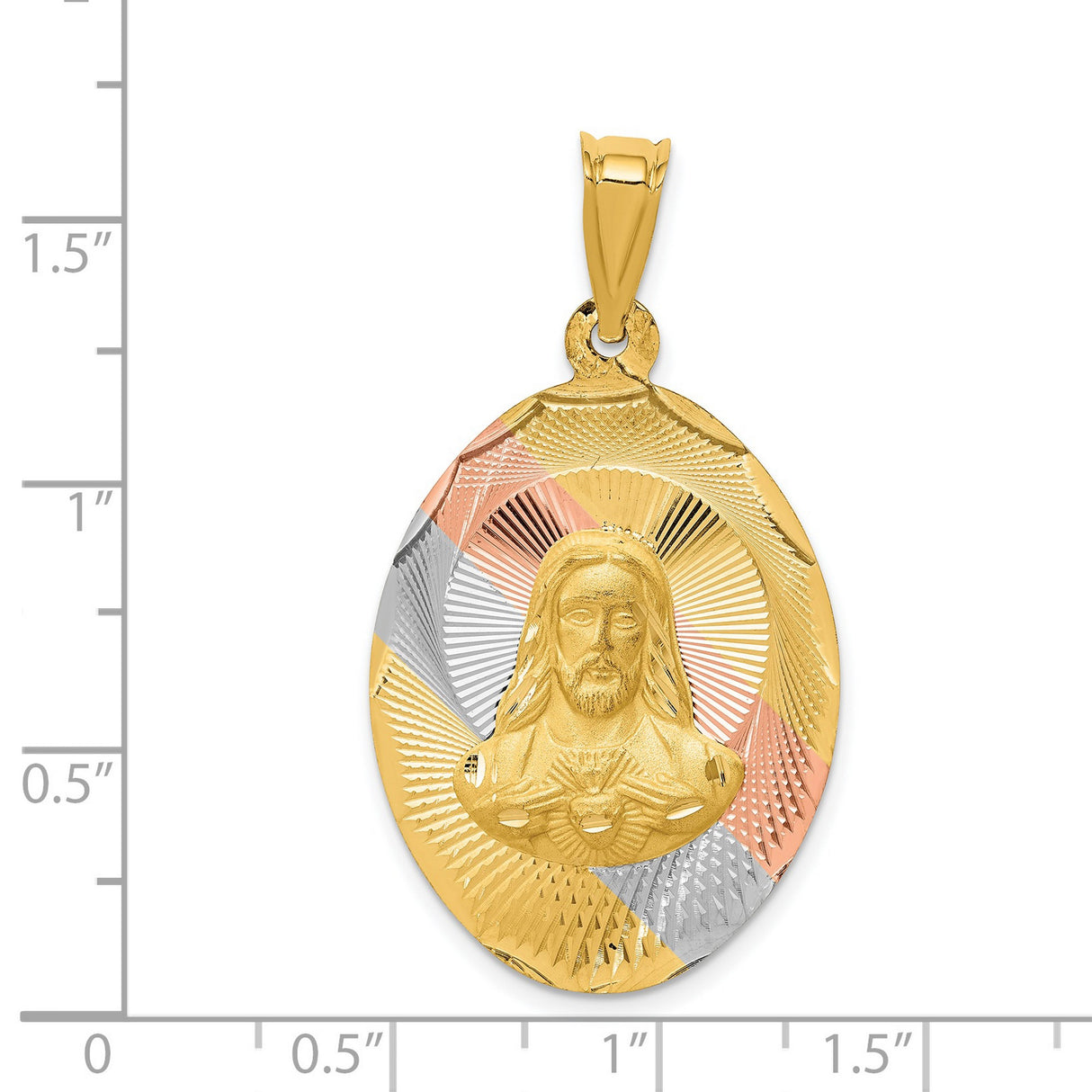 Polished Sagrado Corazon de Jesus Oval Medal Charm Pendant in Real 14k Multi-Tone Gold