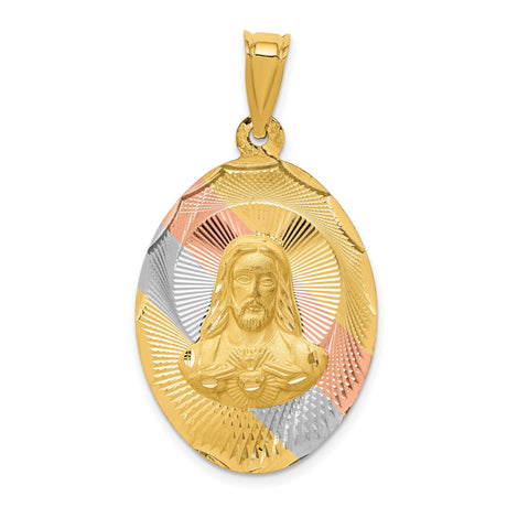 14k Tri-Color Gold Sacred Heart of Jesus Pendant, Oval Religious Medal for Men or Women