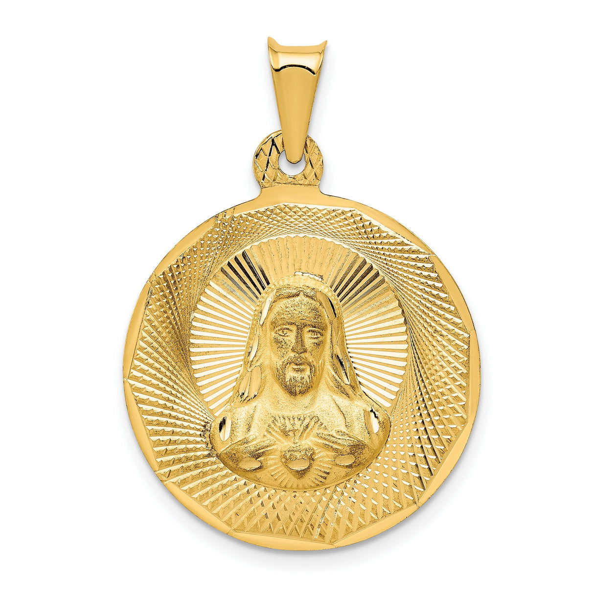 Polished Sagrado Corazon de Jesus Round Medal Charm Pendant in Real 14k Yellow Gold