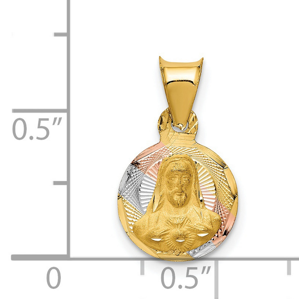 Polished Sagrado Corazon de Jesus Round Medal Charm Pendant in Real 14k Multi-Tone Gold