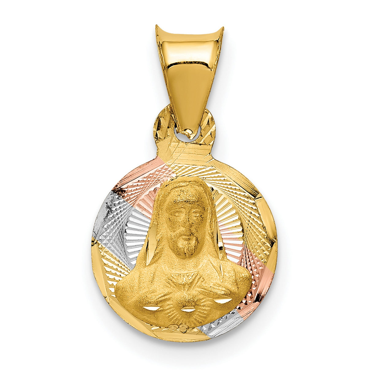 Polished Sagrado Corazon de Jesus Round Medal Charm Pendant in Real 14k Multi-Tone Gold