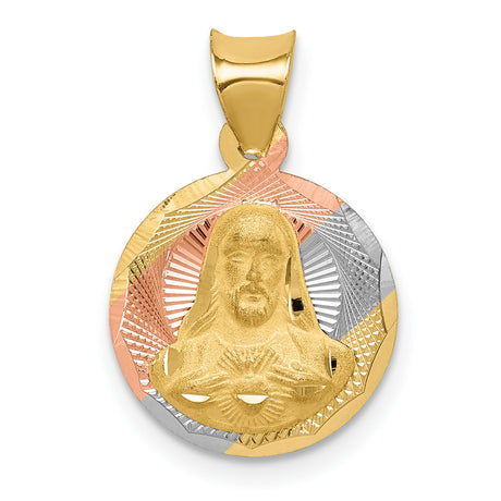 14k Tri Color Gold Jesus Pendant with Radiant Heart Medallion, Catholic Religious Jewelry