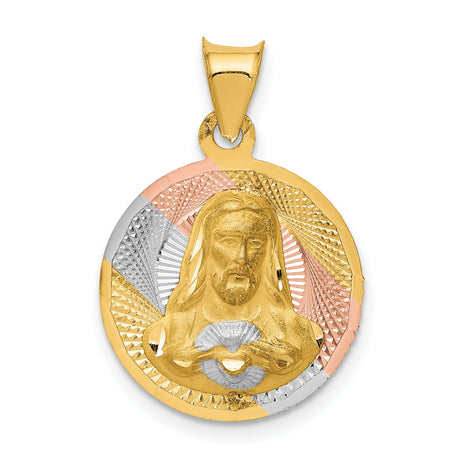 14k Tri-Tone Gold Jesus Pendant with Sacred Heart Medallion, Textured Religious Jewelry