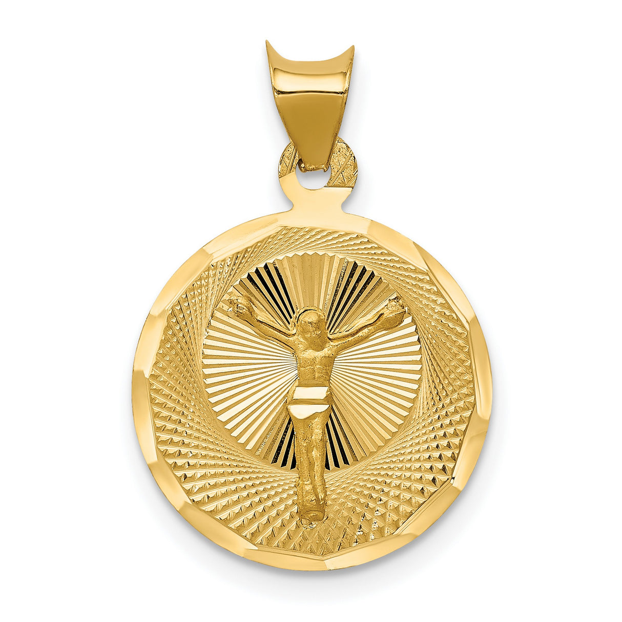 Polished Corpus Crucified Body of Christ Round Charm Pendant in Real 14k Yellow Gold