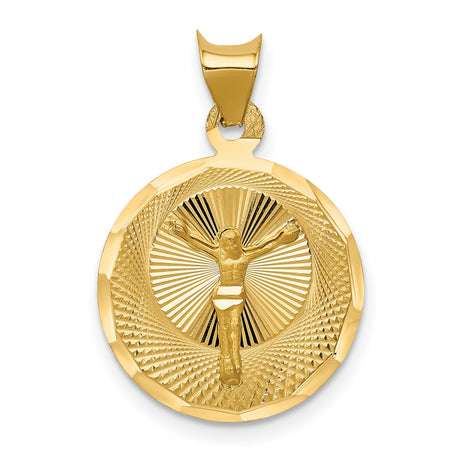 Polished Corpus Crucified Body of Christ Round Charm Pendant in Real 14k Yellow Gold