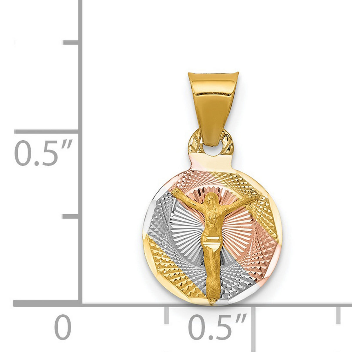 Polished Corpus Crucified Body of Christ Round Charm Pendant in Real 14k Multi-Tone Gold