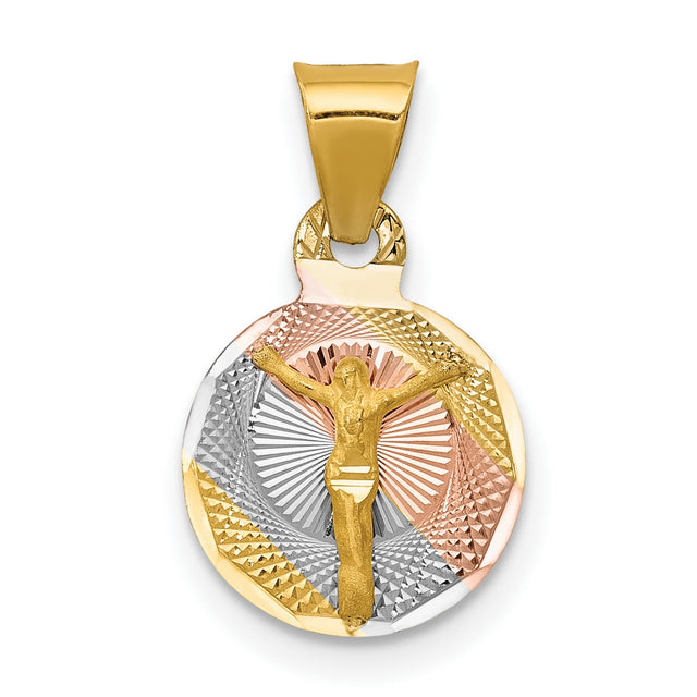 Polished Corpus Crucified Body of Christ Round Charm Pendant in Real 14k Multi-Tone Gold