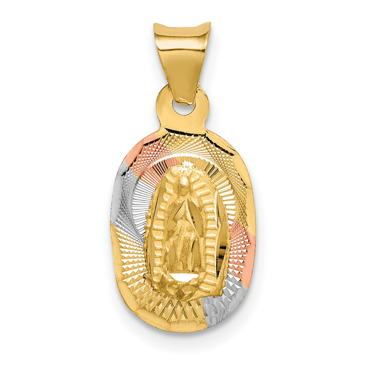 Polished Our Lady of Guadalupe Oval Charm Pendant in Real 14k Multi-Tone Gold