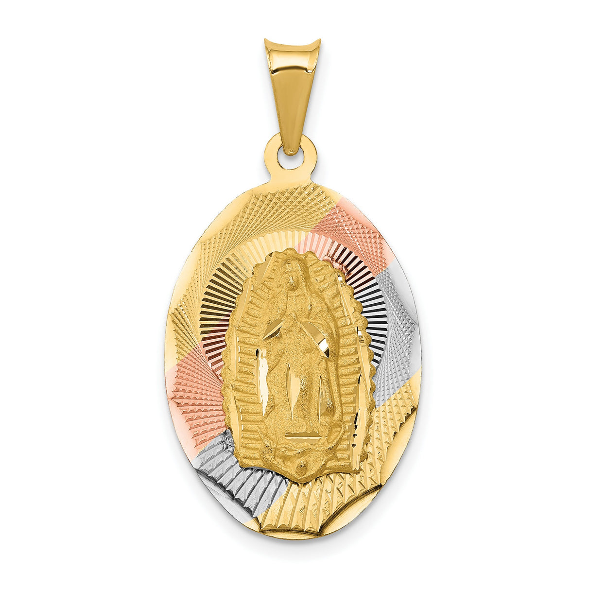 Polished Our Lady of Guadalupe Oval Charm Pendant in Real 14k Multi-Tone Gold