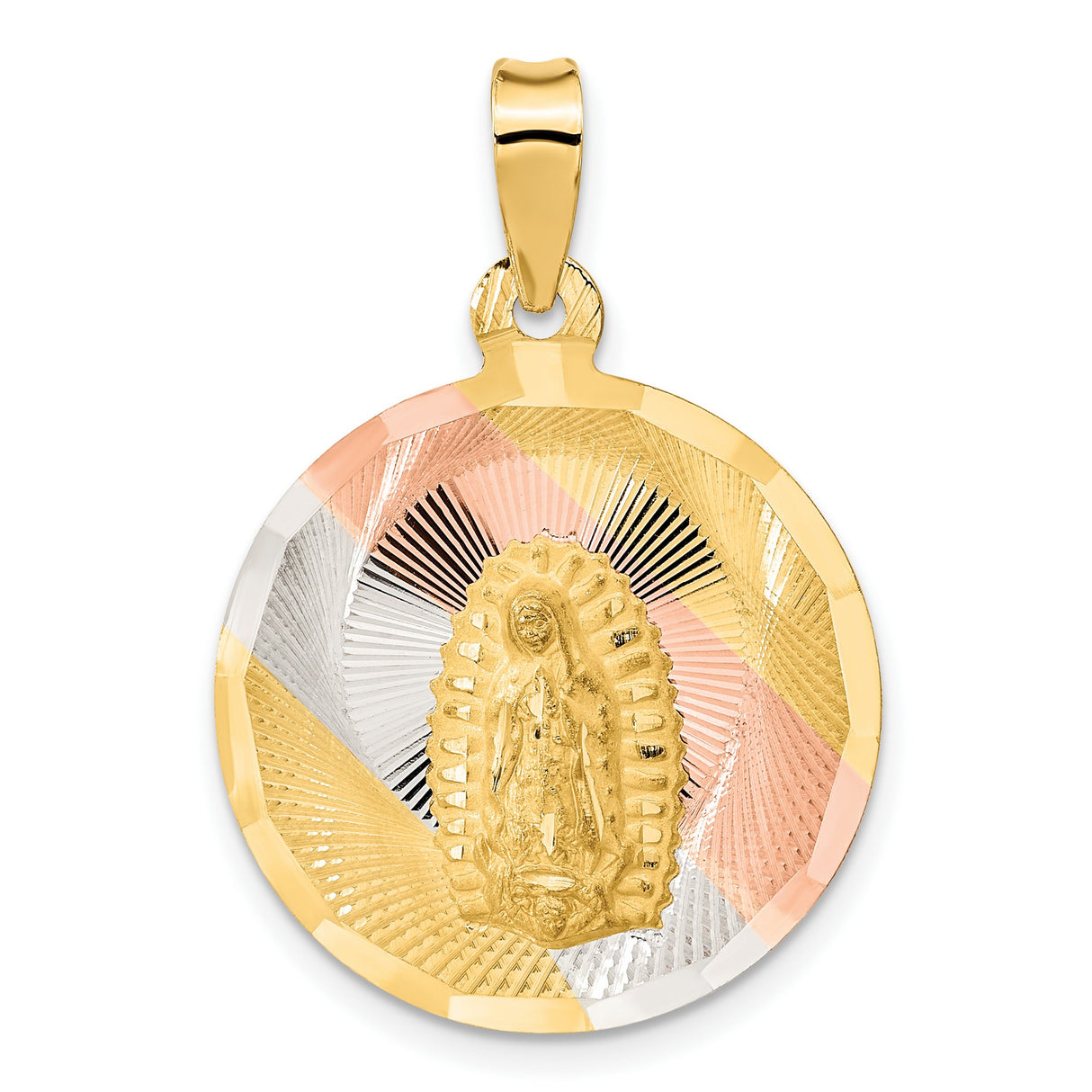 Polished Our Lady of Guadalupe Round Charm Pendant in Real 14k Multi-Tone Gold