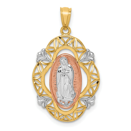 14k Two-Tone Gold Virgin Mary Pendant with Our Lady of Guadalupe and Floral Filigree Design